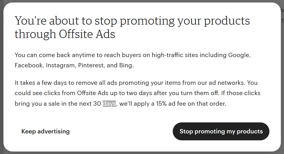 Modal confirm Opt-Out of Etsy Offsite Ads